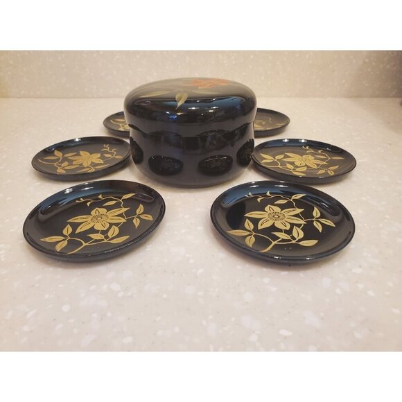 Japanese Lacquered Bamboo (6) Black Coasters Round Box Gold Floral Design - Picture 8 of 12